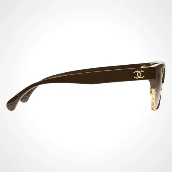 New CHANEL Sunglasses Brown Gold Cat Eye Square Metal Acetate Quilted Womens - Picture 3 of 5